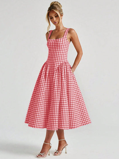 Women's Sleeveless Neck-Hanging Fashion Plaid Dress Versatile High-Waisted Irregular Long Dress