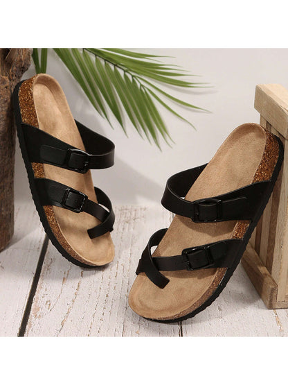 Women's Slip-On Sandals With Adjustable Buckle - Perfect For Summer Outdoor Activities - Featuring Round Toe And Cork Footbed Slides