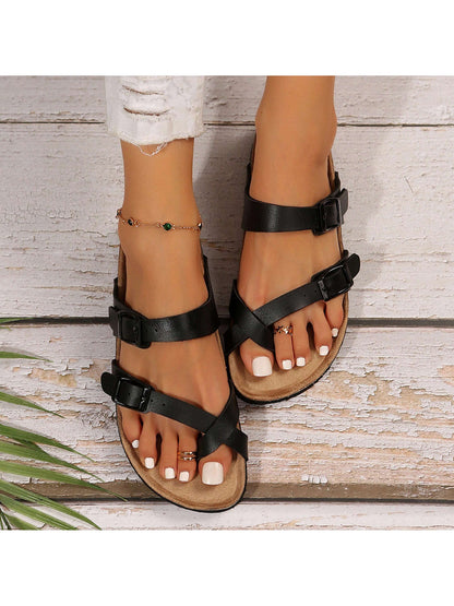 Women's Slip-On Sandals With Adjustable Buckle - Perfect For Summer Outdoor Activities - Featuring Round Toe And Cork Footbed Slides