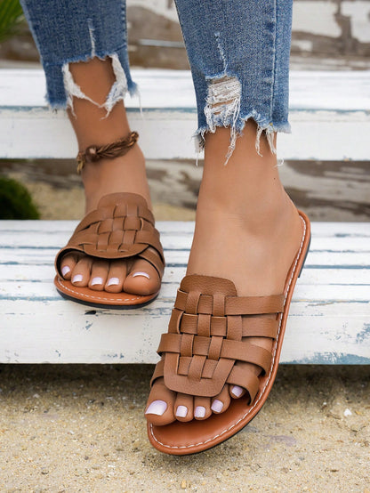 Women's Solid Color Handwoven Slippers, Casual Flat Beach Shoes, Lightweight Slip-On For Summer