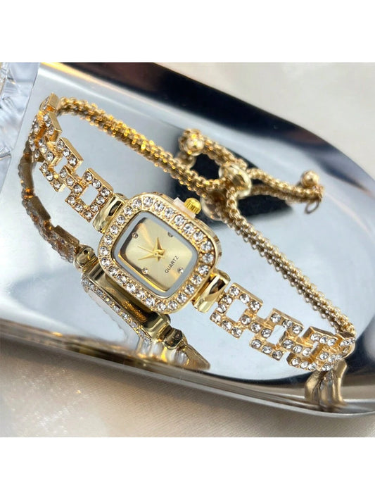 Women's Square Gold Case Rhinestone Watch With Diamond Studded Dial Hip Hop Quartz Wristwatch With Adjustable Strap
