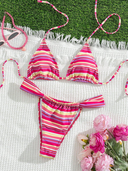 Women's Striped Print Halter Neck Tie Bikini Set, Sexy Fashion Minimalist, Suitable For Young Girls, Beach Vacation, Travel And Dating Summer, Coastal Style