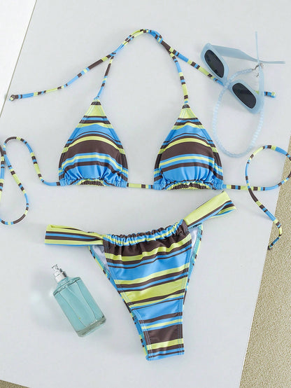 Women's Striped Print Halter Neck Tie Bikini Set, Sexy Fashion Minimalist, Suitable For Young Girls, Beach Vacation, Travel And Dating Summer, Coastal Style
