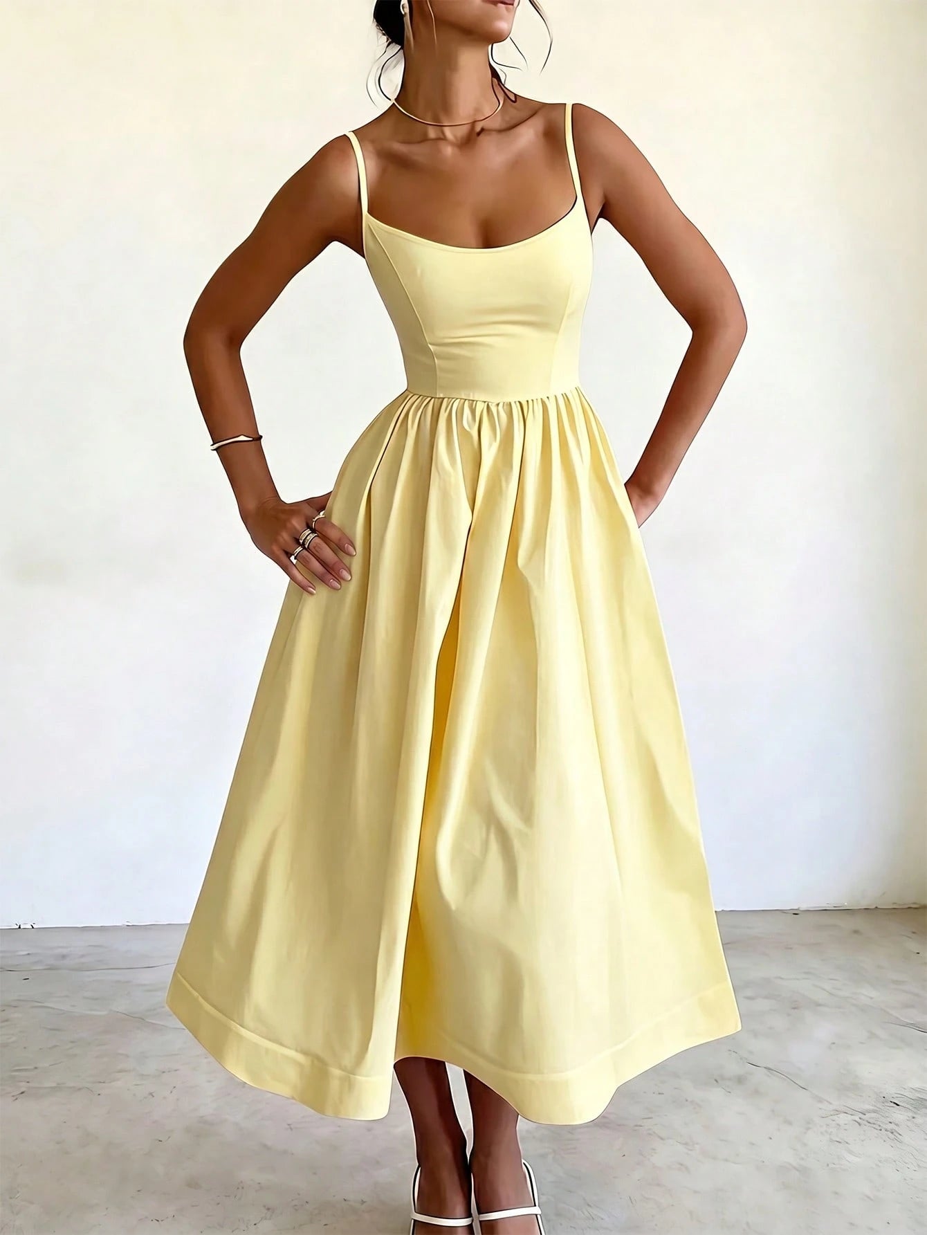 Women's Summer Elegant Pale Yellow Spaghetti Strap Dress, Cinched Waist A-Line Skirt, Suitable For Daily Wear, Dating, Outings And Vacation, Resort Wear