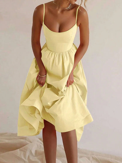 Women's Summer Elegant Pale Yellow Spaghetti Strap Dress, Cinched Waist A-Line Skirt, Suitable For Daily Wear, Dating, Outings And Vacation, Resort Wear