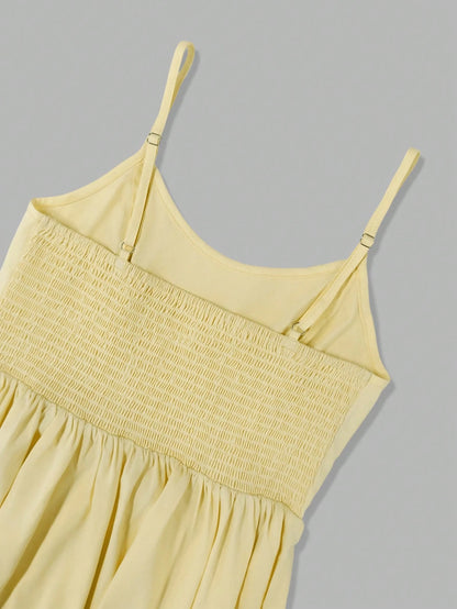Women's Summer Elegant Pale Yellow Spaghetti Strap Dress, Cinched Waist A-Line Skirt, Suitable For Daily Wear, Dating, Outings And Vacation, Resort Wear