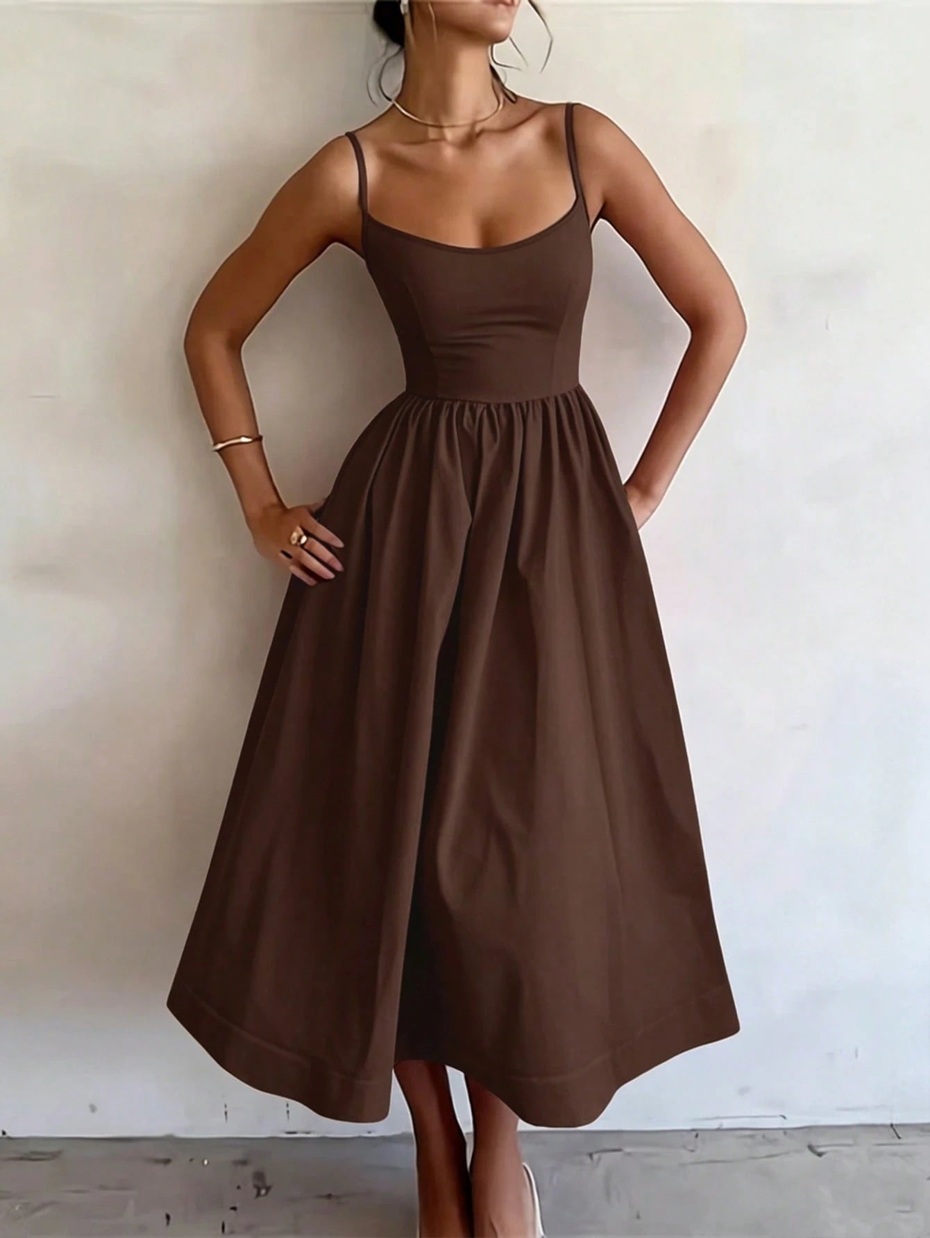 Women's Summer Elegant Pale Yellow Spaghetti Strap Dress, Cinched Waist A-Line Skirt, Suitable For Daily Wear, Dating, Outings And Vacation, Resort Wear