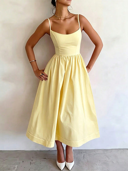 Women's Summer Elegant Pale Yellow Spaghetti Strap Dress, Cinched Waist A-Line Skirt, Suitable For Daily Wear, Dating, Outings And Vacation, Resort Wear