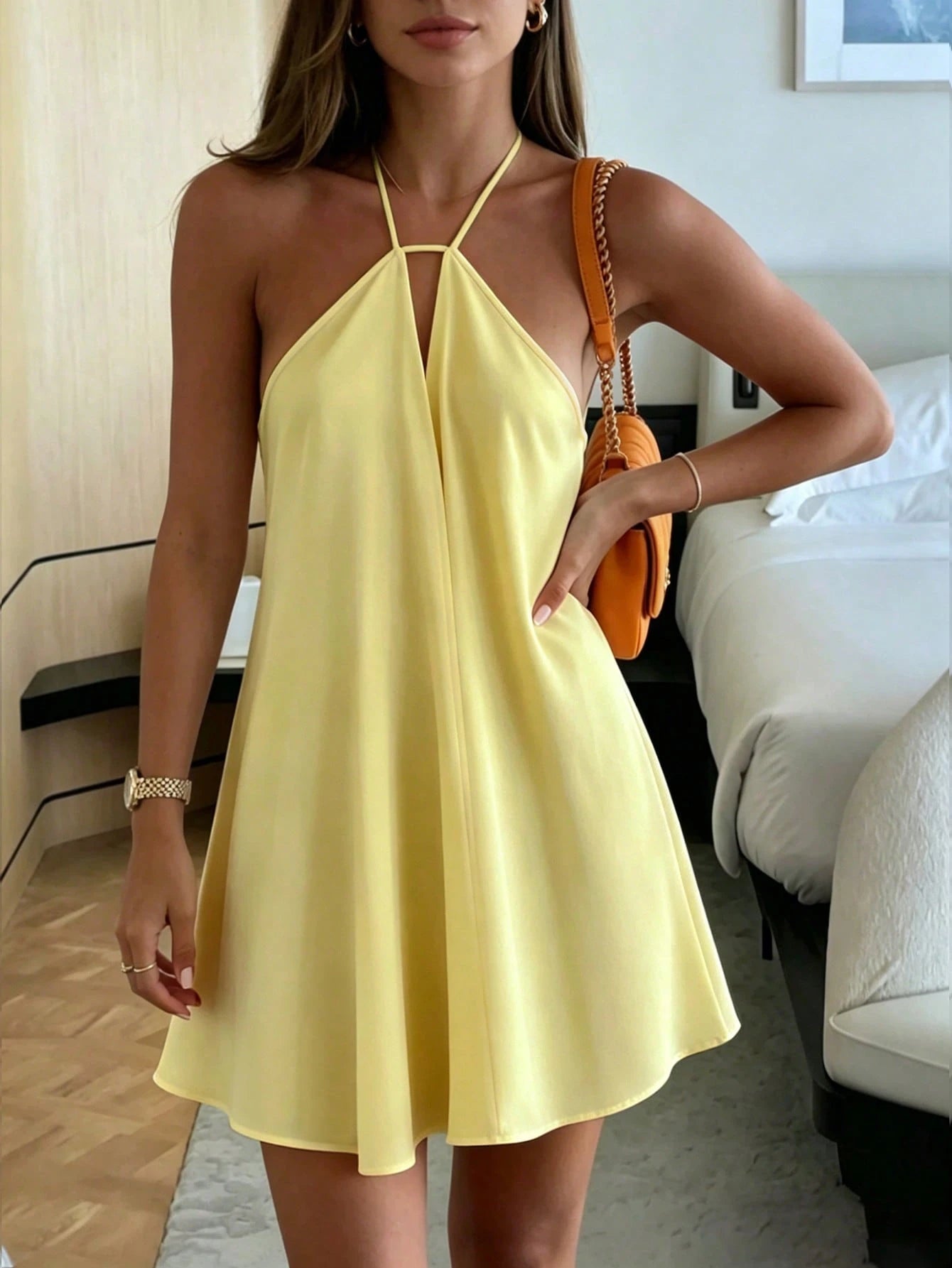 Women's Summer Semi-Sheer Mini Dress Outfit Inspiration: Elegant Versatile Pure Green Loose Backless Lace-Up Front Daily Mini Dress Party Yellow