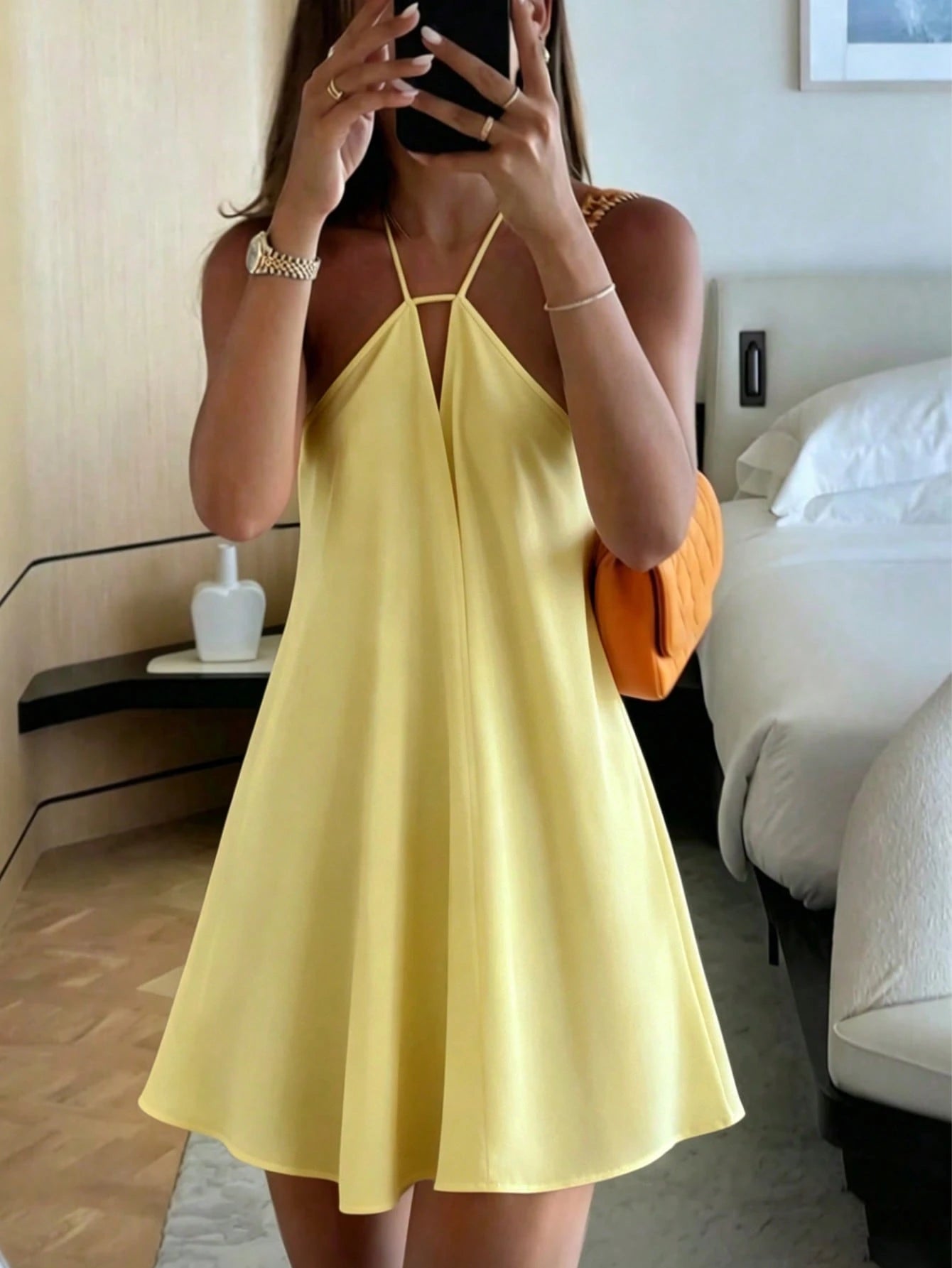 Women's Summer Semi-Sheer Mini Dress Outfit Inspiration: Elegant Versatile Pure Green Loose Backless Lace-Up Front Daily Mini Dress Party Yellow