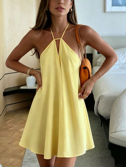 Women's Summer Semi-Sheer Mini Dress Outfit Inspiration: Elegant Versatile Pure Green Loose Backless Lace-Up Front Daily Mini Dress Party Yellow