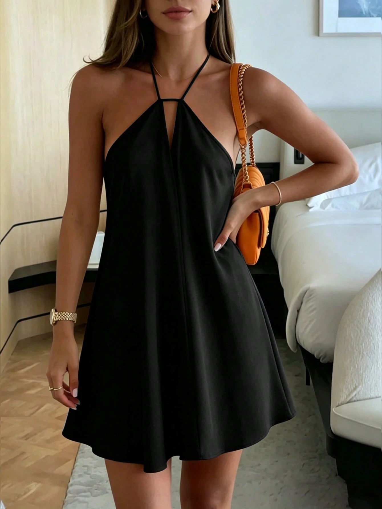 Women's Summer Semi-Sheer Mini Dress Outfit Inspiration: Elegant Versatile Pure Green Loose Backless Lace-Up Front Daily Mini Dress Party Yellow