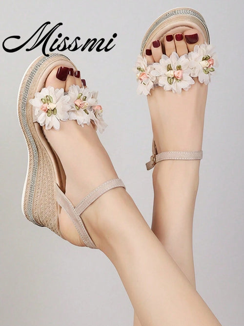 Women's Thick Sole Platform Wedge Sandals With Floral Decor, Strap Fashion Roman Style, Suitable For Dresses In Summer,Travel Essential