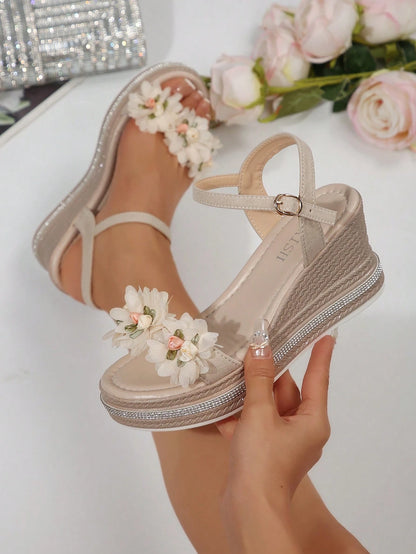Women's Thick Sole Platform Wedge Sandals With Floral Decor, Strap Fashion Roman Style, Suitable For Dresses In Summer,Travel Essential