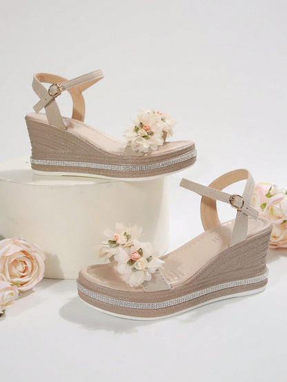 Women's Thick Sole Platform Wedge Sandals With Floral Decor, Strap Fashion Roman Style, Suitable For Dresses In Summer,Travel Essential