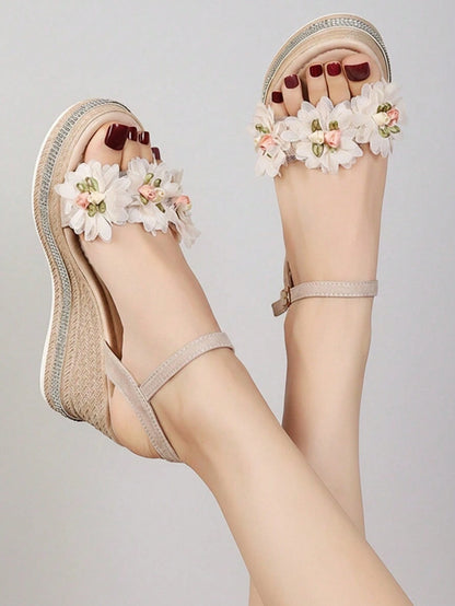 Women's Thick Sole Platform Wedge Sandals With Floral Decor, Strap Fashion Roman Style, Suitable For Dresses In Summer,Travel Essential