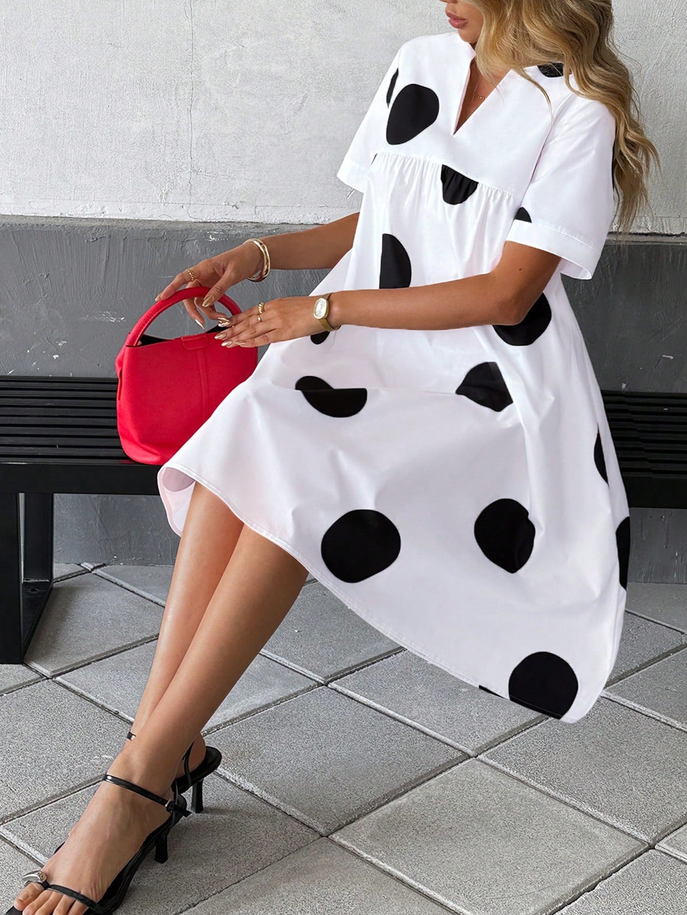 Women's V-Neck Printed Loose Casual Dress Elegant Summer Polka Dot