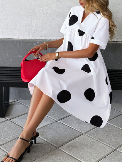 Women's V-Neck Printed Loose Casual Dress Elegant Summer Polka Dot