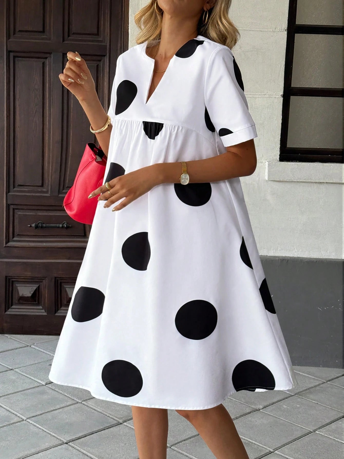 Women's V-Neck Printed Loose Casual Dress Elegant Summer Polka Dot