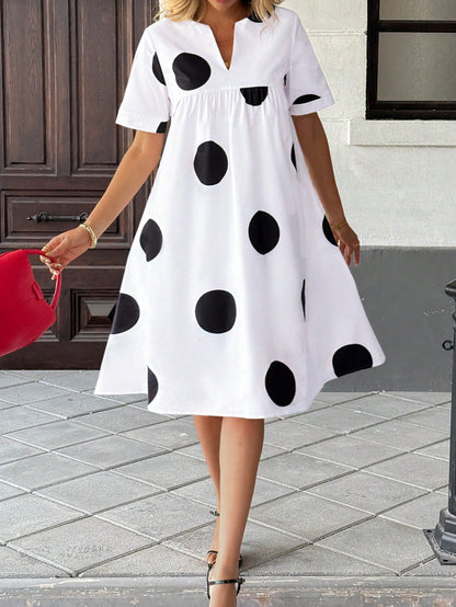 Women's V-Neck Printed Loose Casual Dress Elegant Summer Polka Dot