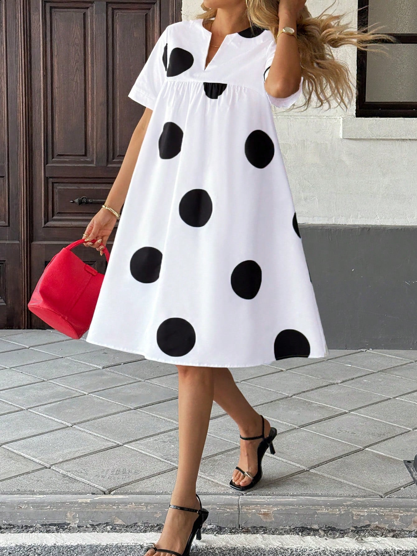 Women's V-Neck Printed Loose Casual Dress Elegant Summer Polka Dot