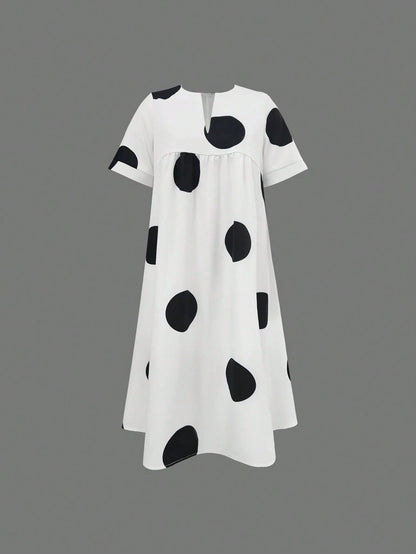 Women's V-Neck Printed Loose Casual Dress Elegant Summer Polka Dot