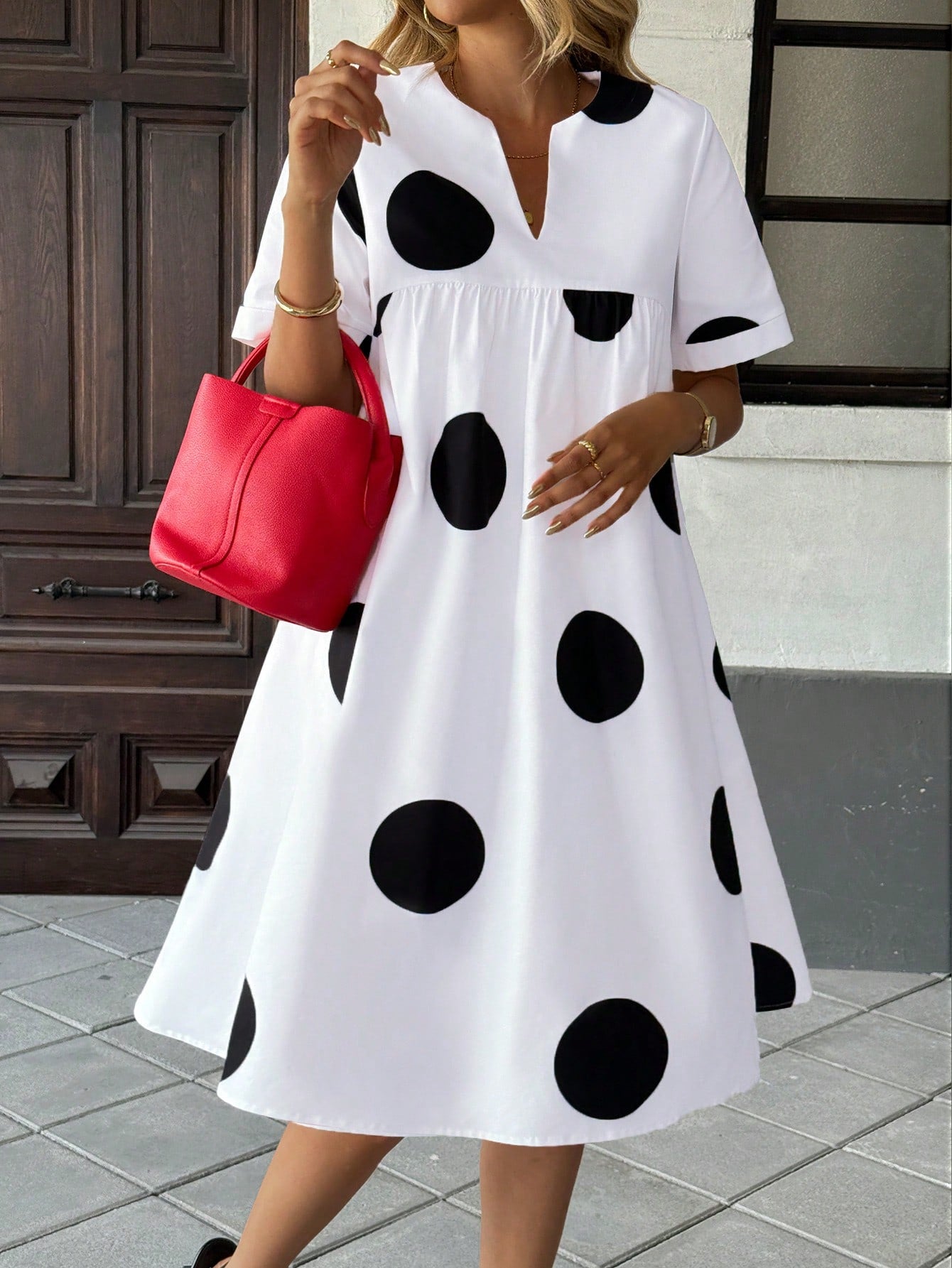 Women's V-Neck Printed Loose Casual Dress Elegant Summer Polka Dot
