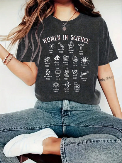 Women's Vintage Science Pattern Printed T-Shirt- "Women And Science" Atom, DNA And Equation Design- Soft And Stretchy Round-Neck Casual Top- Mach