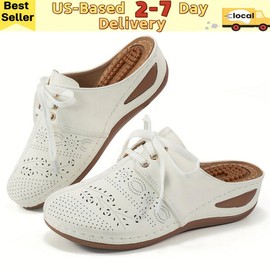 Women's Wedge Sandals- Super Breathable, Perforated Closed Toe Lace Up Arch Support Mules, Bohemian Outdoor Slide White Shoes Valentines,Summer Slippers For Womens,Easy Slip-On Design For Outdoor, Bea
