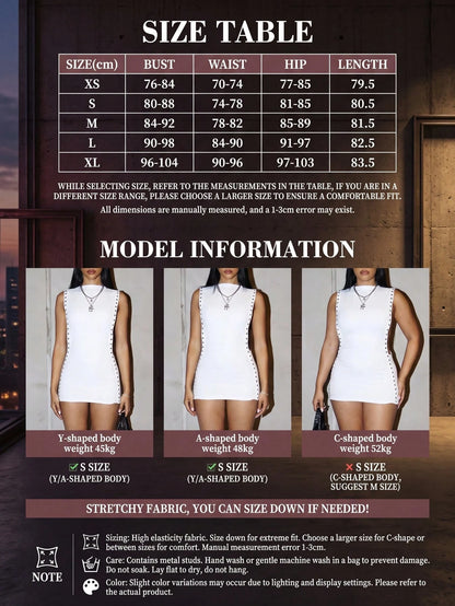 Women's White Sleeveless Round Neck Bodycon Mini Dress With Metal Ring Decor, Elegant Sexy Party Style Summer, Date Night