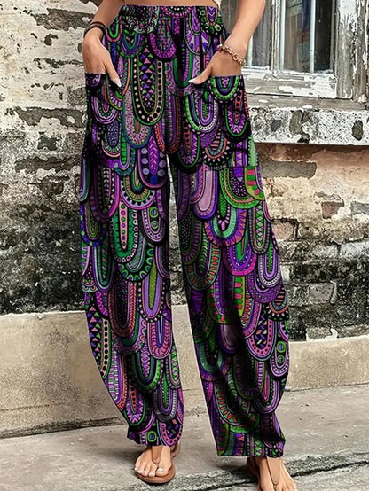 Women's Woven Fabric Harem Lantern Pants, Vibrant Printed Pattern, Long Leg Loose Fit Trousers Spring