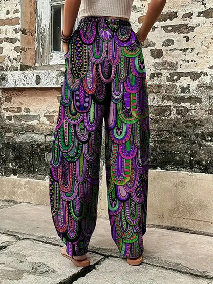 Women's Woven Fabric Harem Lantern Pants, Vibrant Printed Pattern, Long Leg Loose Fit Trousers Spring