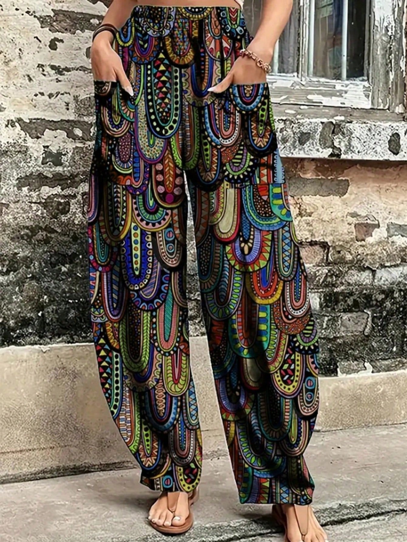 Women's Woven Fabric Harem Lantern Pants, Vibrant Printed Pattern, Long Leg Loose Fit Trousers Spring