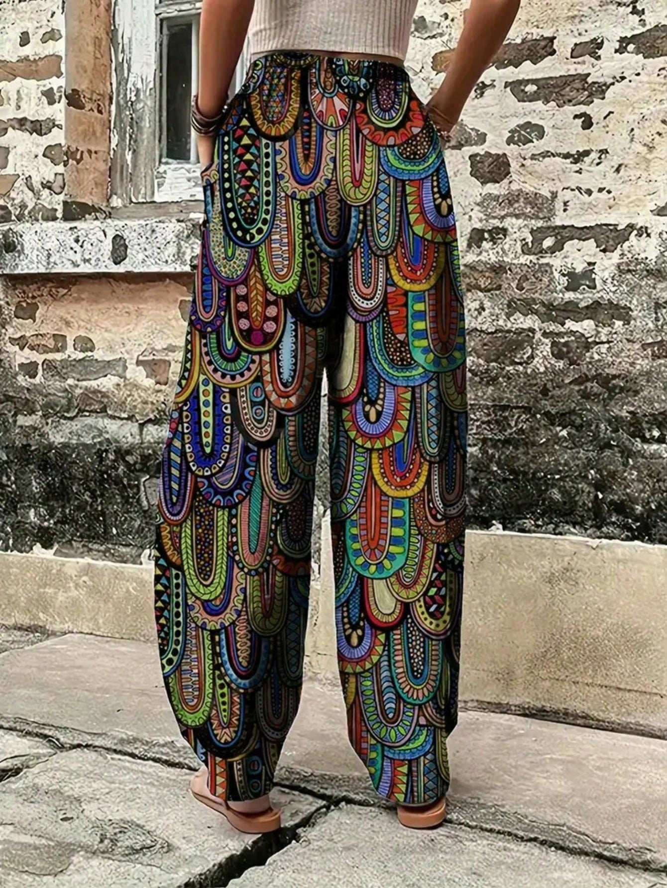 Women's Woven Fabric Harem Lantern Pants, Vibrant Printed Pattern, Long Leg Loose Fit Trousers Spring