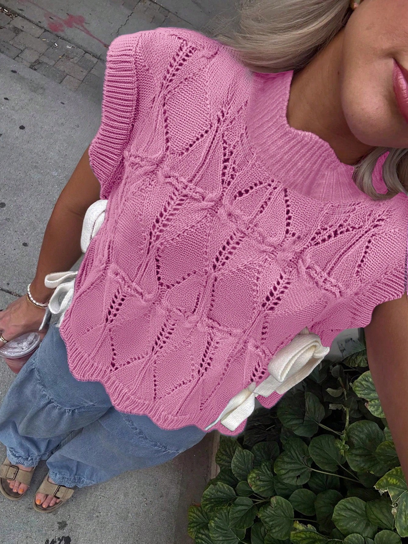 Women's Y2K Solid Color Sweater Vest With Bow Tie, Casual Lace-Up Tube Top Knitted Pullover, Hollow Out Loose Aesthetic Camisole Elegant Summer