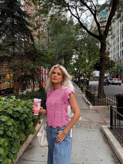 Women's Y2K Solid Color Sweater Vest With Bow Tie, Casual Lace-Up Tube Top Knitted Pullover, Hollow Out Loose Aesthetic Camisole Elegant Summer
