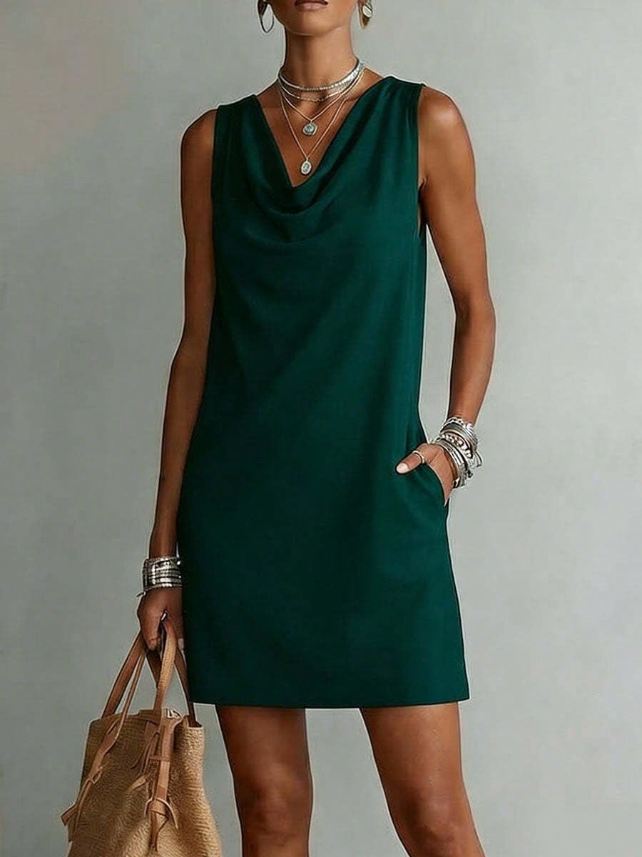 Women Solid Cowl Neck Sleeveless Mini Dress Side Pockets Loose Casual Summer Beach Cover Up Shift Dress