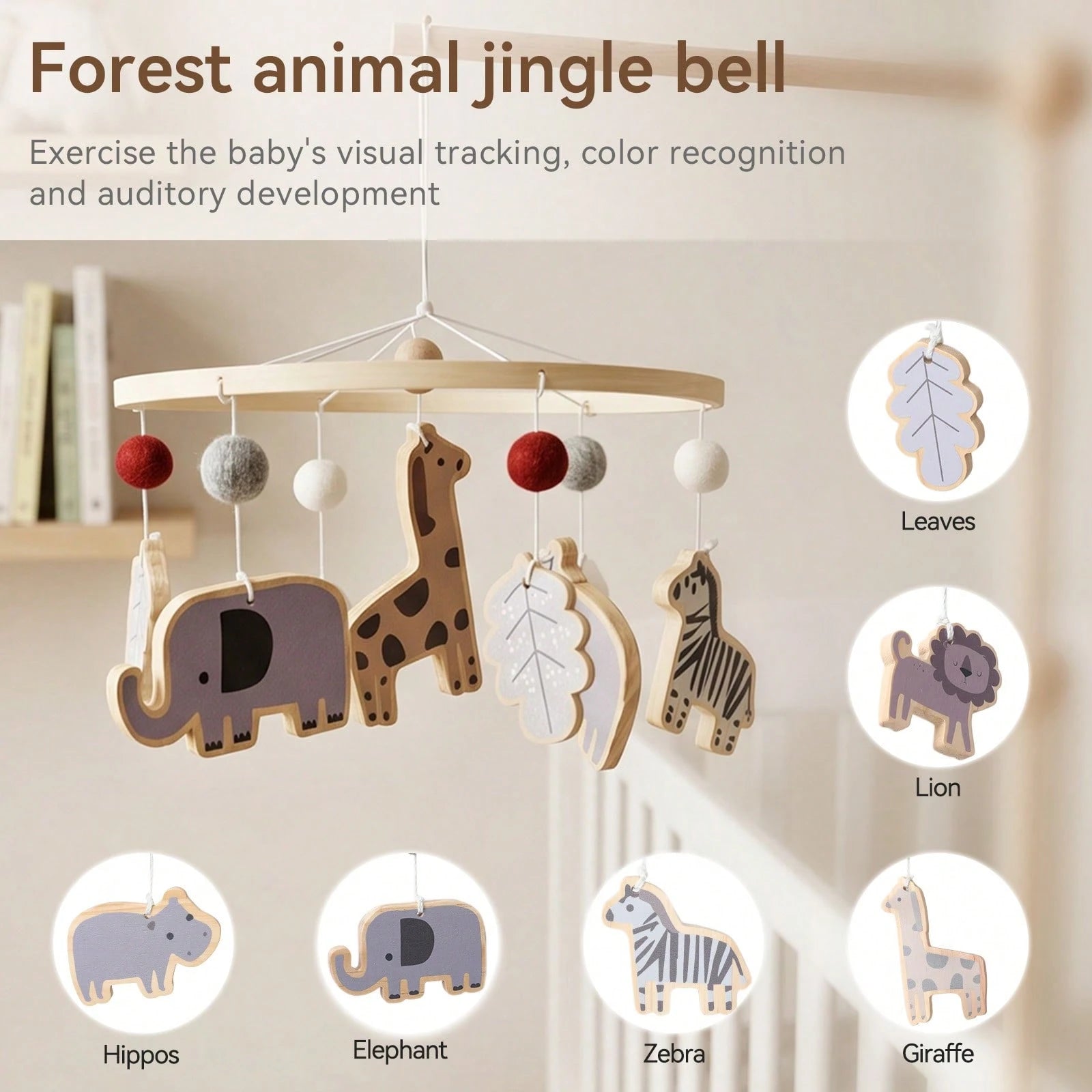 Wooden Forest Animal Bed Bell, Cute Animal Shaped Toy, Baby Room Decoration Wind Chime, Hand-Eye Coordination Ability, Suitable For Baby Room Decoration, Mixed Colors, Newborn Bed Bell Toy, Best Gift