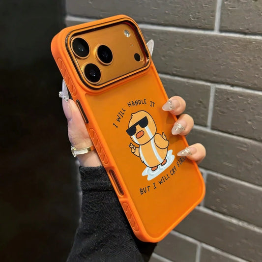 Wronged Little Yellow Duck Pattern Mobile Phone Case + Cool Orange Main Color Design, Suitable For IPhone17pro17pro Max17air16pro Max15plus14 13 12 11 And Other Apple Mobile Phones, With Non-Slip Conc