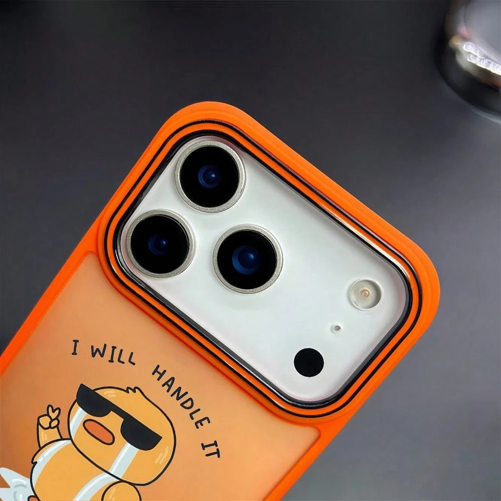 Wronged Little Yellow Duck Pattern Mobile Phone Case + Cool Orange Main Color Design, Suitable For IPhone17pro17pro Max17air16pro Max15plus14 13 12 11 And Other Apple Mobile Phones, With Non-Slip Conc