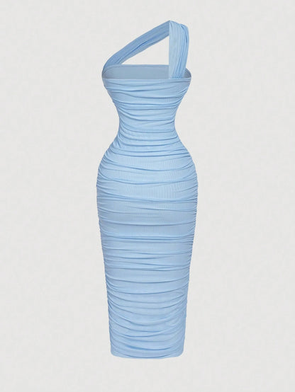 X Belle Mariano MOD Women's Vintage Asymmetric Ruched Sleeveless Dress, Blue Bodycon Dress