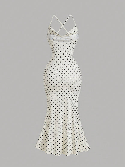 X Garcia Sisters MOD White With Black Polka Dots Summer Vintage Romantic Vacation Elegant Draped Neck Fishtail Dress For Women Wedding Guest Party Masquerade Ball Dress