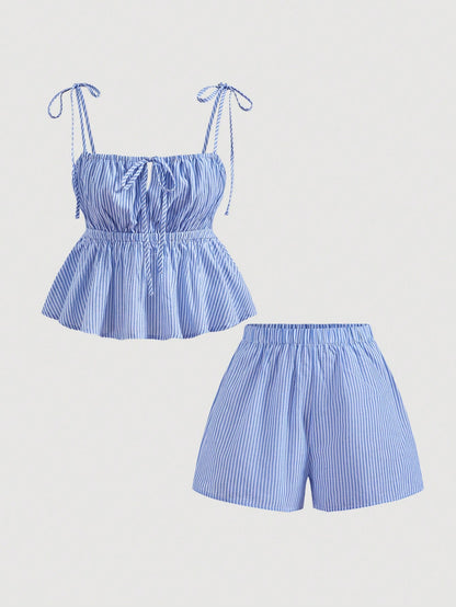 X YERIMUA MOD Women Square Neck Striped Knot Camisole Matched With High Waist Striped,Shorts,Summer Outfits Beach Vacation Blue And White Stripe Coastal Cute Casual