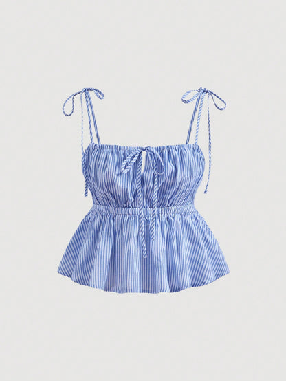 X YERIMUA MOD Women Square Neck Striped Knot Camisole Matched With High Waist Striped,Shorts,Summer Outfits Beach Vacation Blue And White Stripe Coastal Cute Casual