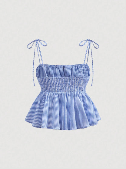 X YERIMUA MOD Women Square Neck Striped Knot Camisole Matched With High Waist Striped,Shorts,Summer Outfits Beach Vacation Blue And White Stripe Coastal Cute Casual