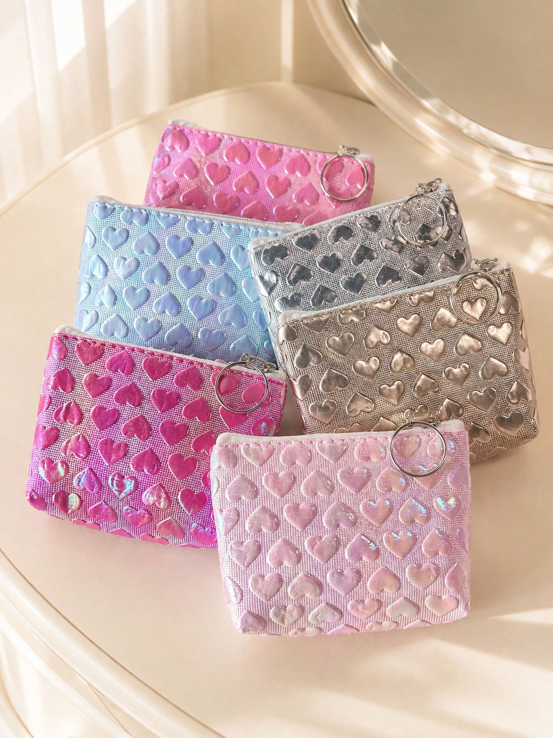 XD 12pcs/6pcs/3pcs/1pc Fashion Embossed Heart-Shaped Women's Coin Purse With Keychain, Can Store Keys, Data Cables, Coins And Rings, Suitable For Travel, Card Holder, Lipstick, Loose Change, Daily Dat