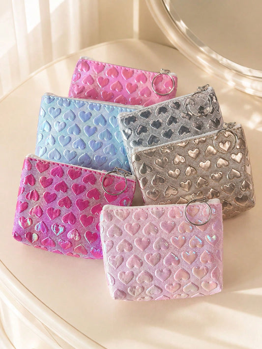 XD 12pcs/6pcs/3pcs/1pc Fashion Embossed Heart-Shaped Women's Coin Purse With Keychain, Can Store Keys, Data Cables, Coins And Rings, Suitable For Travel, Card Holder, Lipstick, Loose Change, Daily Dat