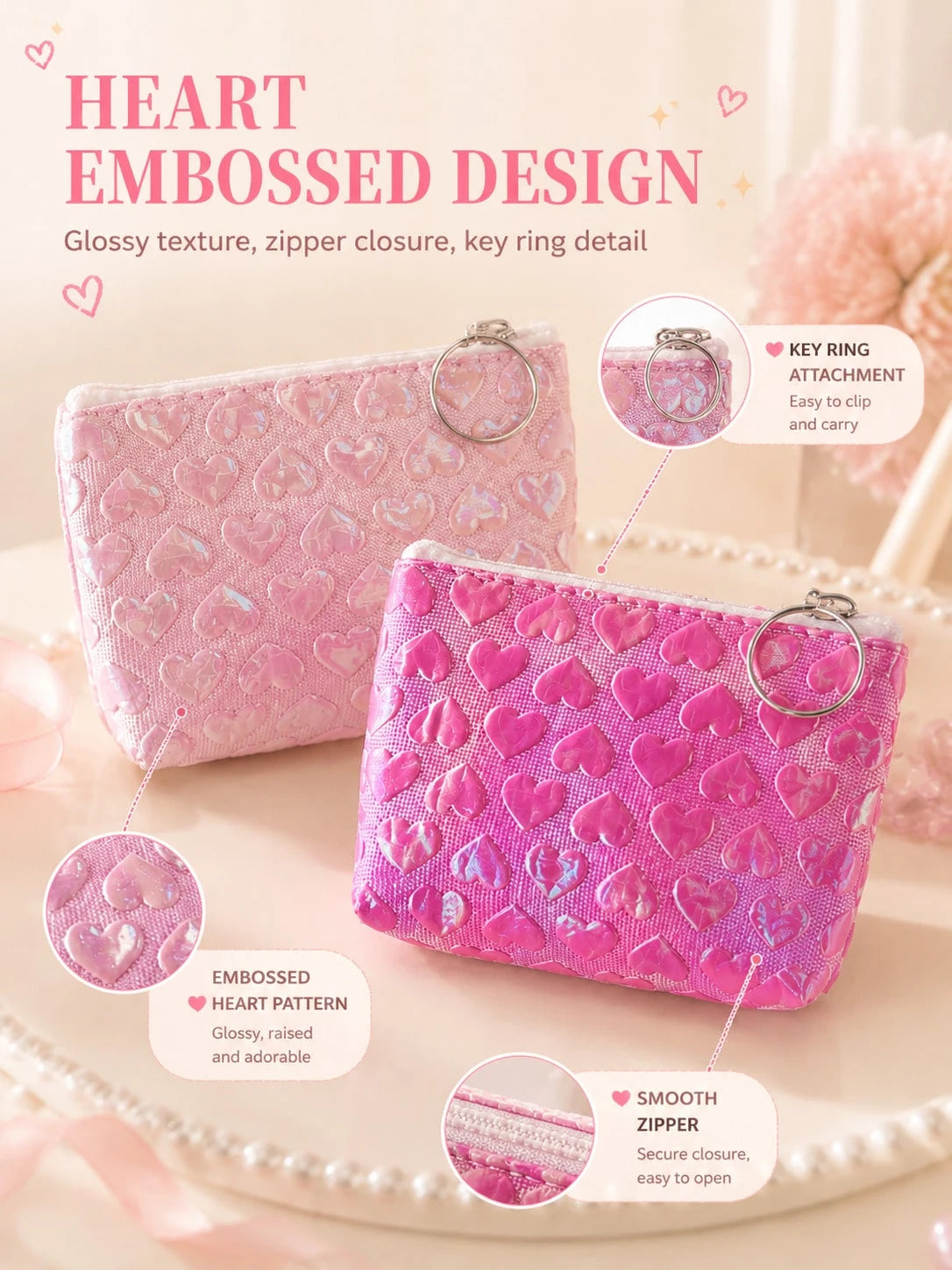 XD 12pcs/6pcs/3pcs/1pc Fashion Embossed Heart-Shaped Women's Coin Purse With Keychain, Can Store Keys, Data Cables, Coins And Rings, Suitable For Travel, Card Holder, Lipstick, Loose Change, Daily Dat
