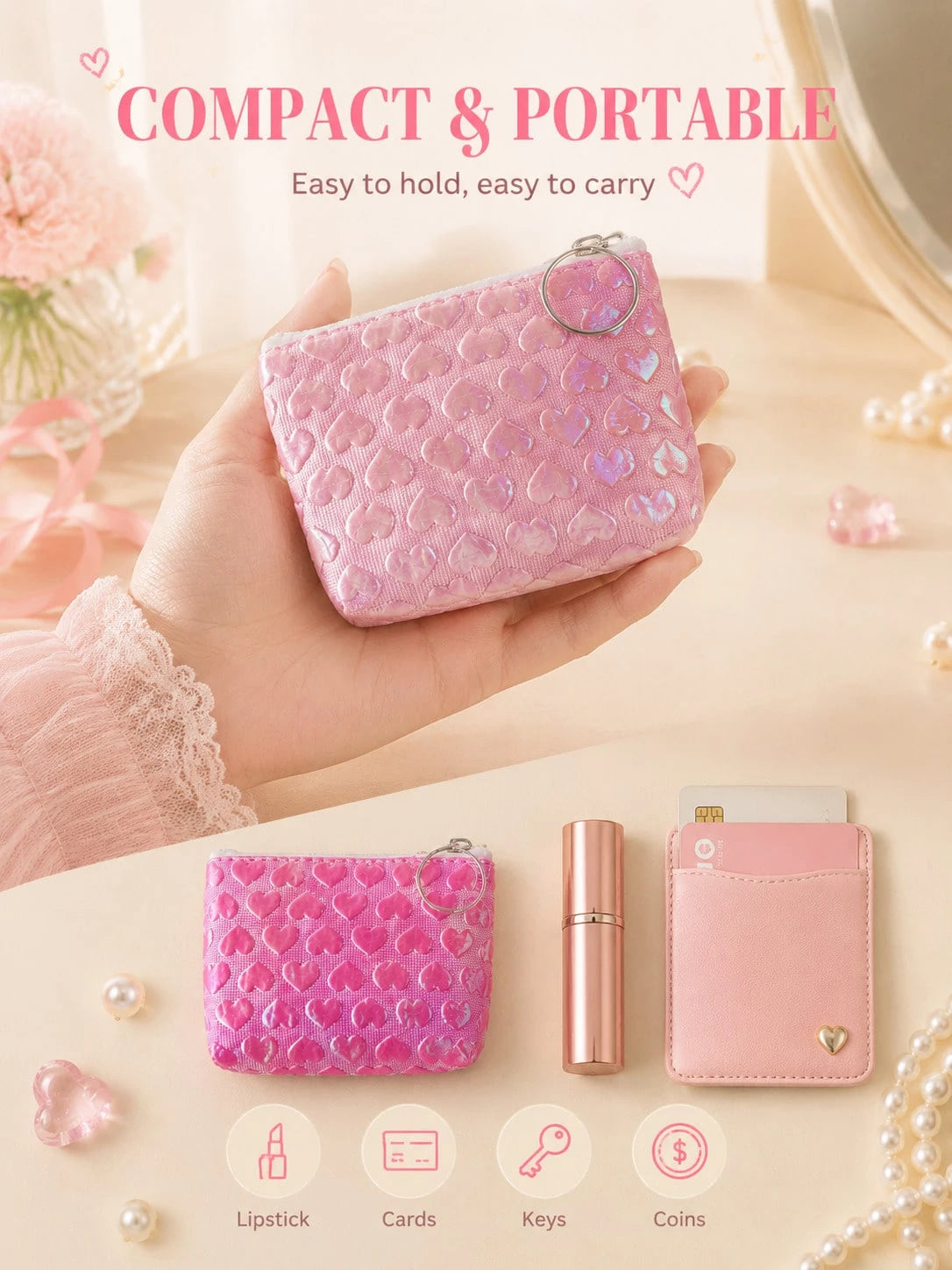 XD 12pcs/6pcs/3pcs/1pc Fashion Embossed Heart-Shaped Women's Coin Purse With Keychain, Can Store Keys, Data Cables, Coins And Rings, Suitable For Travel, Card Holder, Lipstick, Loose Change, Daily Dat