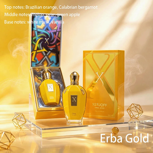 Xerjoff Erba Gold EDP Perfume 100ml Top Notes: Brazilian Orange, Calabrian Bergamot Middle Notes: Melon, Pear, Green Apple Base Notes: White Musk, Vanilla Bright Yellow Bottle Fresh Fruity Unisex Frag